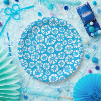 Plato De Papel Flores abstractas 031023 - Blanco sobre azul cielo