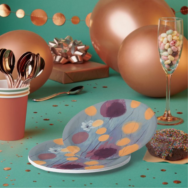 Plato De Papel Flores abstractas naranjas y rosadas (Multi)