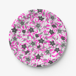 Plato De Papel Flores abstractas rosadas grises blancas lindas
