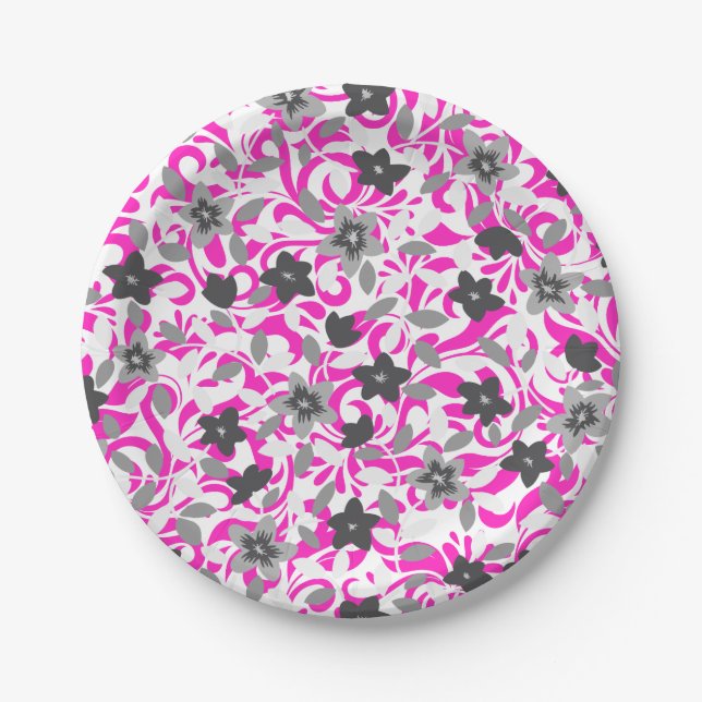 Plato De Papel Flores abstractas rosadas grises blancas lindas (Anverso)