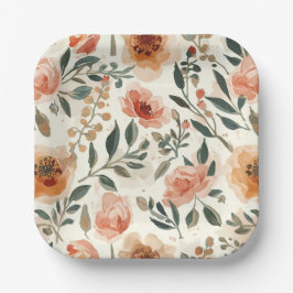Plato De Papel Flores Acuarela Naranja Pintura Botánica
