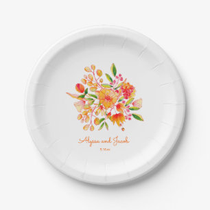 Plato De Papel Flores Acuarela Naranja Vintage Boda Personalizada