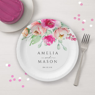 Plato De Papel Flores Acuarela Rosa Brillante y Melocotón para Bo