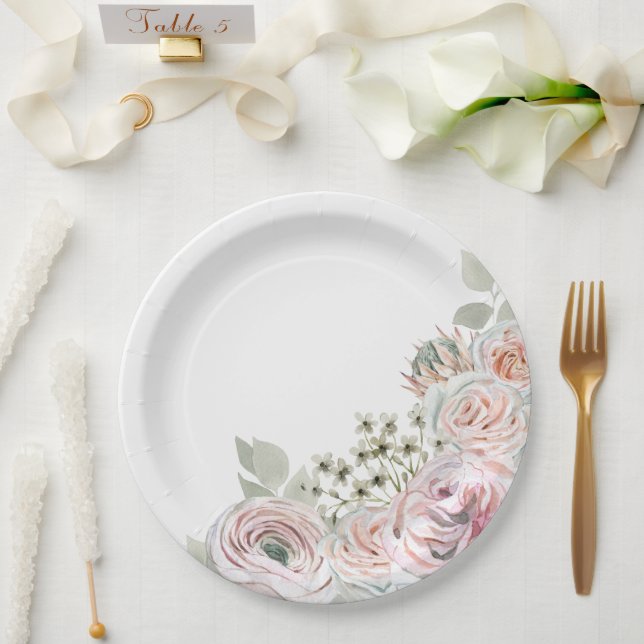 Plato De Papel Flores acuarelas delgadas en rosa pálido Cumpleaño (Boda)