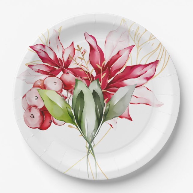 Plato De Papel Flores acuáticas de poinsettia roja feriado de inv (Anverso)