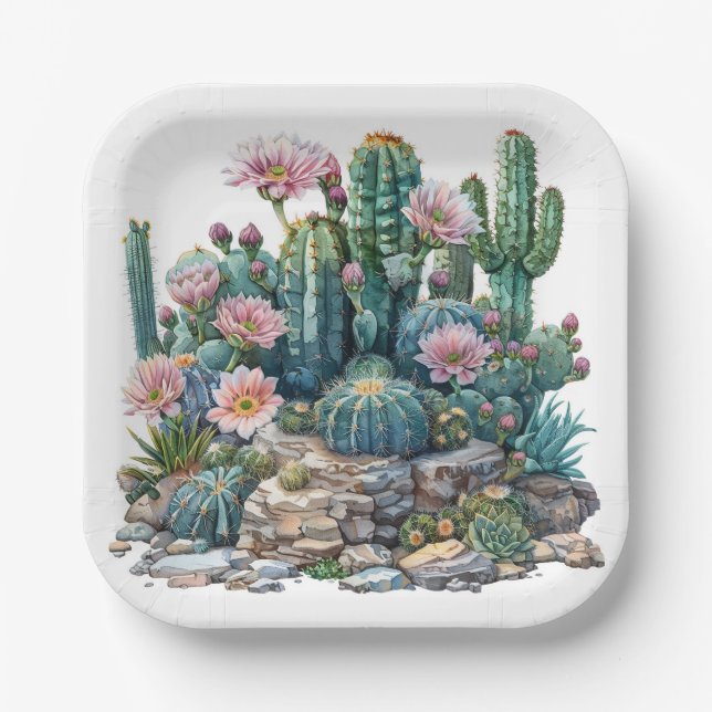 Plato De Papel Flores acuáticas del desierto cactus. (Anverso)