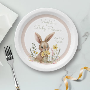 Plato De Papel Flores Amarillas Algún Conejo En Camino Baby Showe