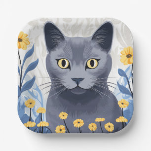 Plato De Papel Flores amarillas de gato azul ruso