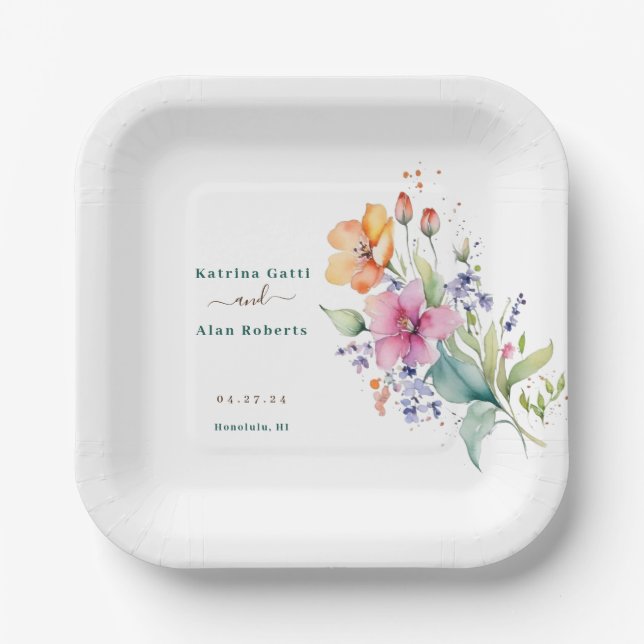 Plato De Papel Flores amarillas de melocotón rosado  (Anverso)