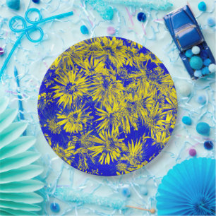 Plato De Papel Flores Amarillas En Azul