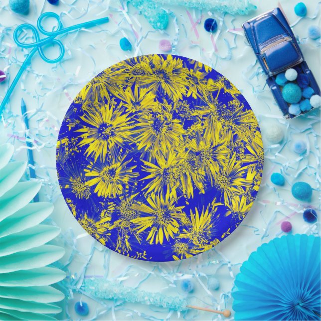 Plato De Papel Flores Amarillas En Azul (Fiesta)