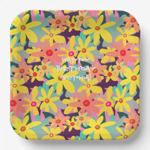 Plato De Papel Flores amarillas, rosas y naranjas