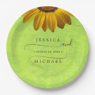 Plato De Papel Flores amarillas sobre el Boda Verde abstracto