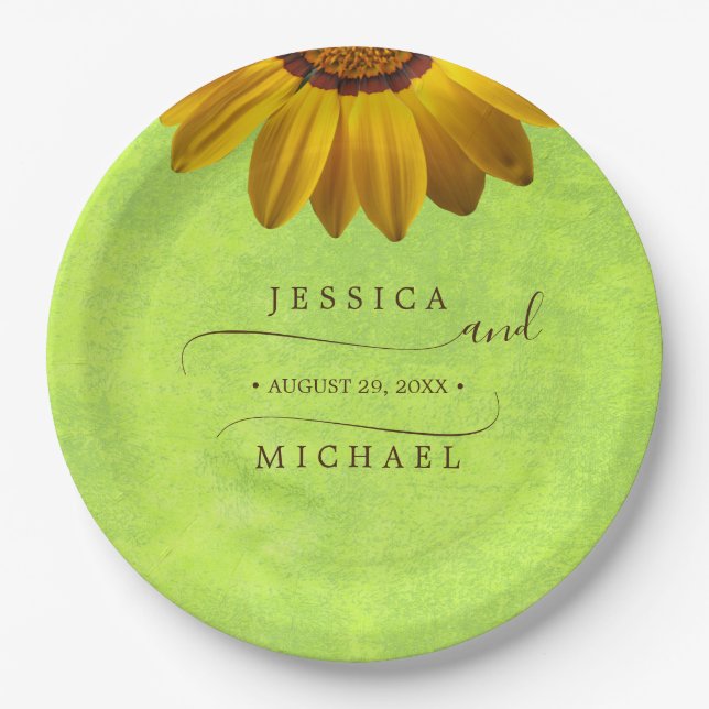 Plato De Papel Flores amarillas sobre el Boda Verde abstracto (Anverso)