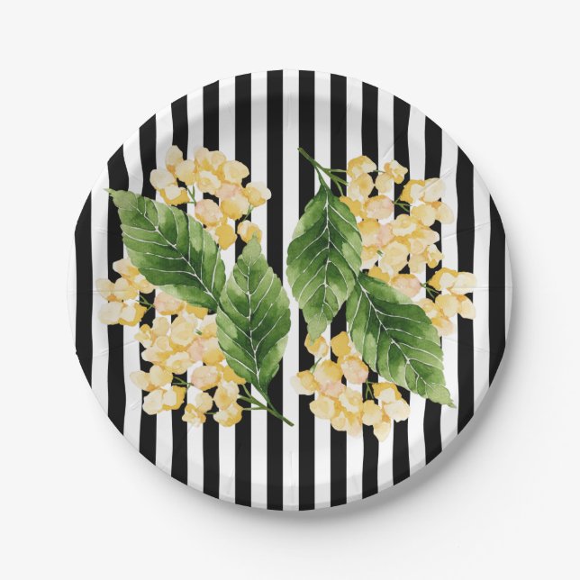 Plato De Papel Flores amarillas sobre rayas negras y blancas (Anverso)