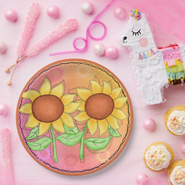 Plato De Papel Flores amarillas texturizadas con flor verde rosa (Fiesta)