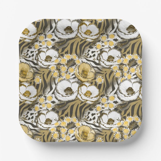 Plato De Papel Flores amarillas y blancas en el fondo de un tigre (Anverso)