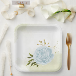 Plato De Papel Flores azul boho hojas verdes botánicas