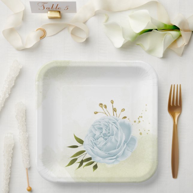 Plato De Papel Flores azul boho hojas verdes botánicas (Boda)