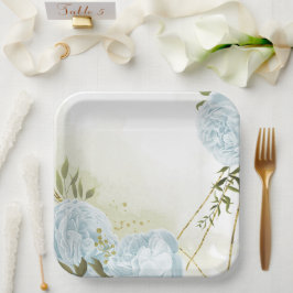 Plato De Papel Flores azul boho hojas verdes botánicas