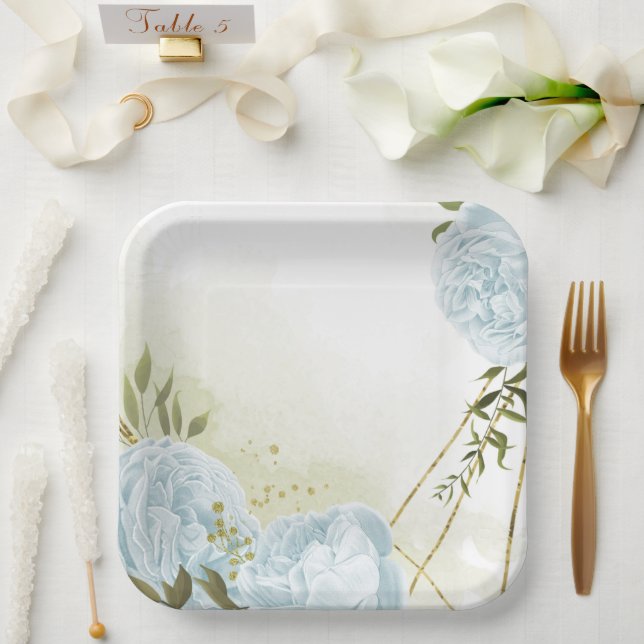 Plato De Papel Flores azul boho hojas verdes botánicas (Boda)