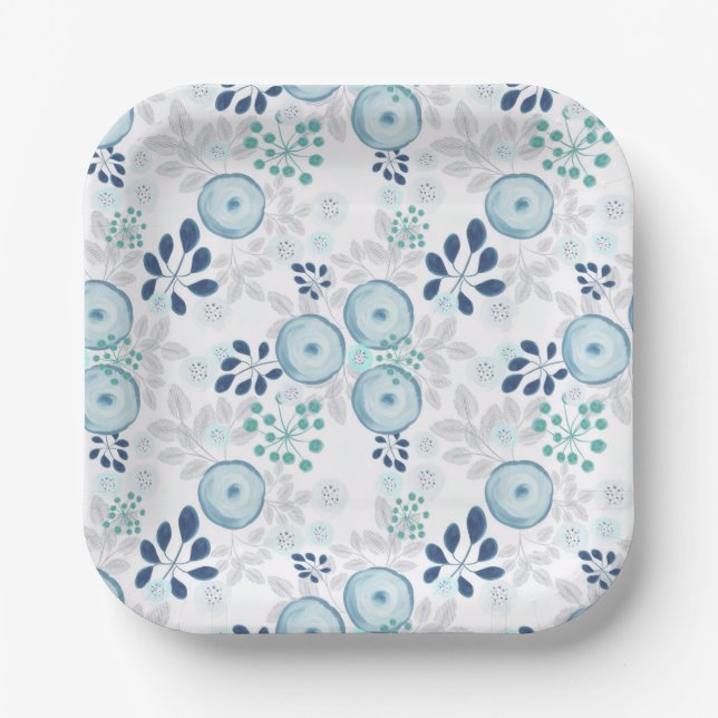 Plato De Papel Flores azul claro (Anverso)