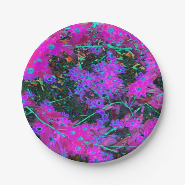 Plato De Papel Flores azul de bonito, magenta y Aqua (Anverso)