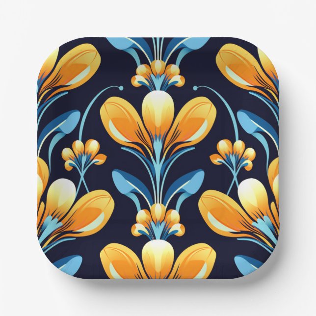 Plato De Papel Flores azul naranja Art Deco (Anverso)