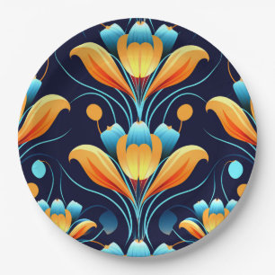 Plato De Papel Flores azul naranja Art Deco