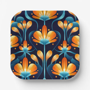 Plato De Papel Flores azul naranja Art Deco