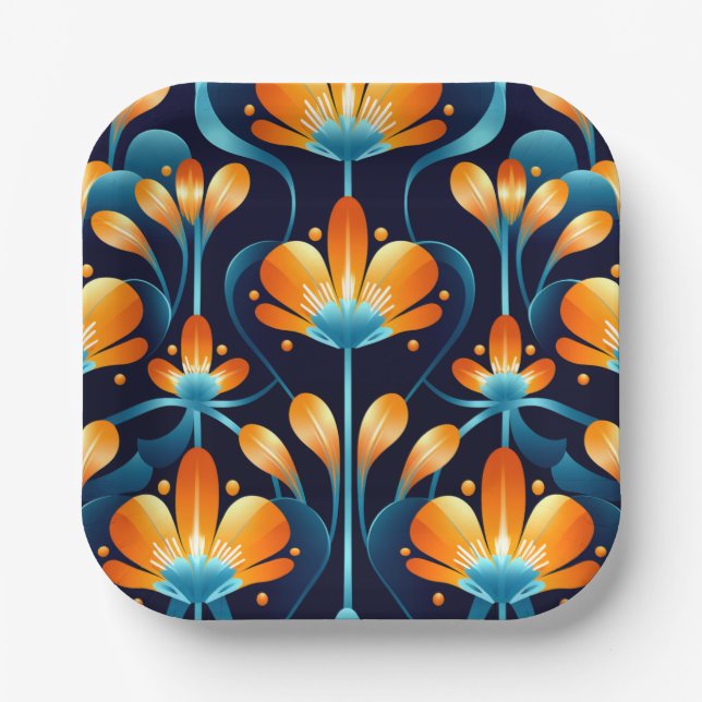 Plato De Papel Flores azul naranja Art Deco (Anverso)
