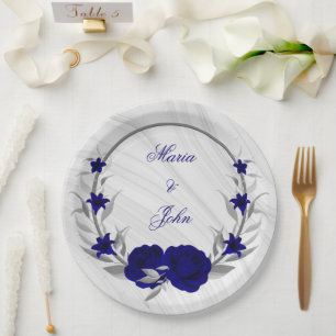Plato De Papel flores azul real hojas de plata corona mármol