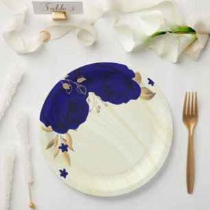 Plato De Papel flores azul real hojas doradas mármol