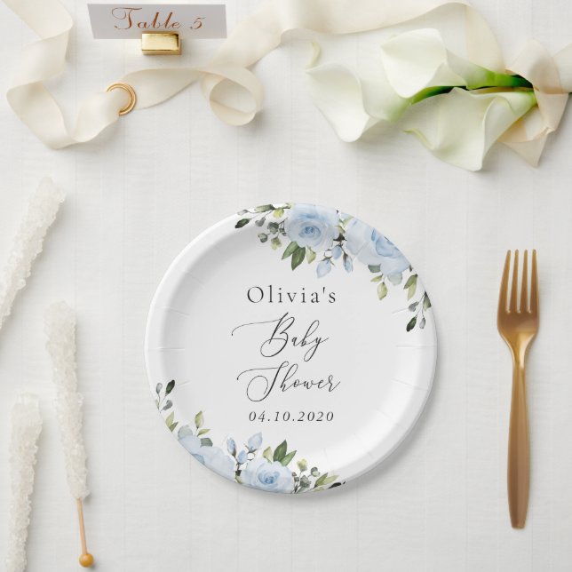Plato De Papel Flores azul turbias, vegetación, boho, Baby Shower (Boda)