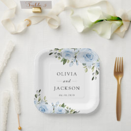 Plato De Papel Flores azul turbias, vegetación, boho, Boda floral