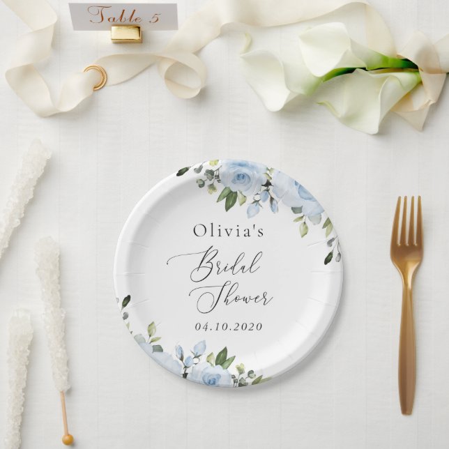 Plato De Papel Flores azul turbias, vegetación, boho, ducha de no (Boda)