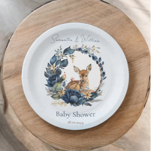 Plato De Papel Flores azules de ciervo de Woodland hojas de Boho