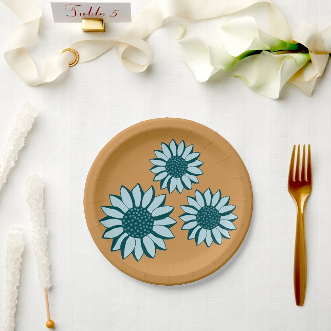 Plato De Papel Flores azules de girasol (Sunflower Blue Flowers Paper Plates from Studio Posies. )