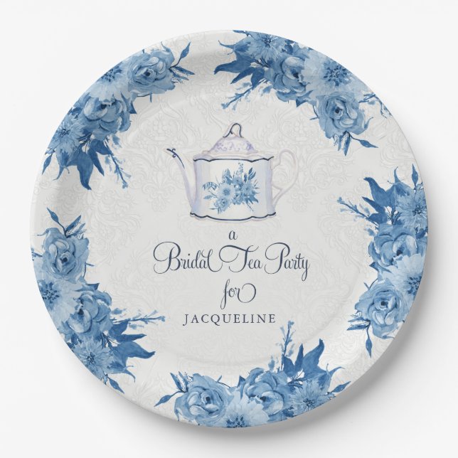Plato De Papel Flores azules de la Fiesta de té elegante con duch (Anverso)