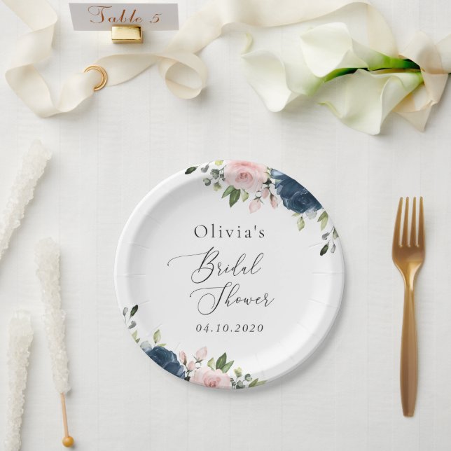 Plato De Papel Flores azules de la marina, flores rosas, ducha de (Boda)