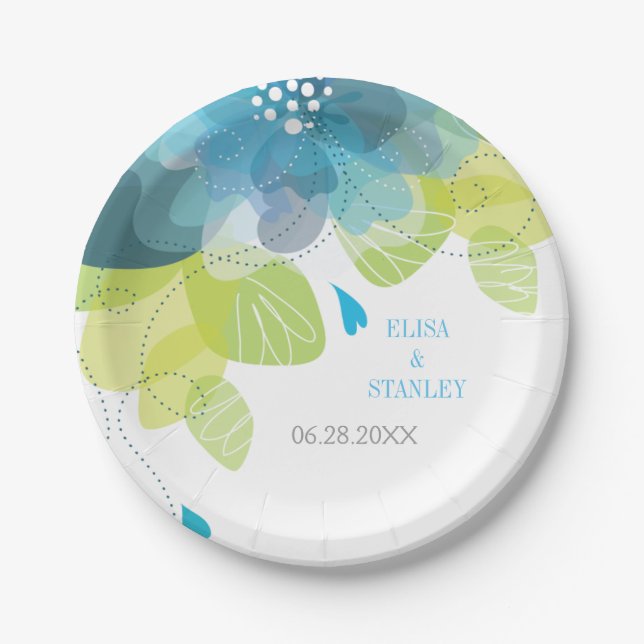 Plato De Papel Flores azules delgadas boda primavera floral (Anverso)