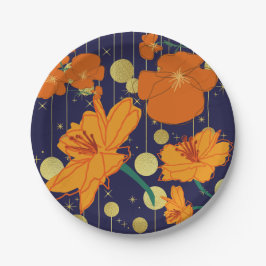 PLATO DE PAPEL FLORES AZULES OSCUROS Y NARANJAS
