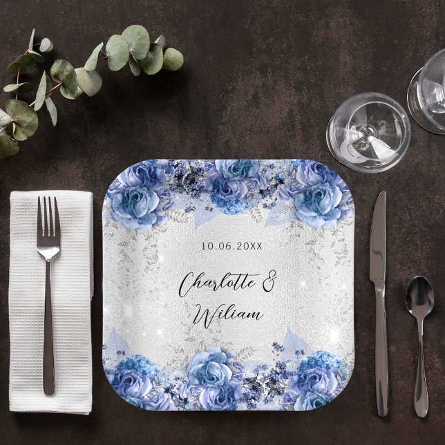 Plato De Papel flores azules plateadas boda (Subido por el creador)