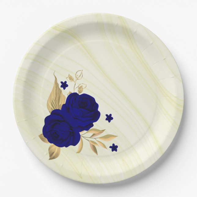 Plato De Papel flores azules reales hojas de oro mármol (Anverso)