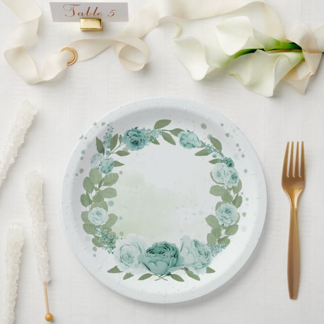 Plato De Papel flores azules románticas hojas de papel verde (Boda)