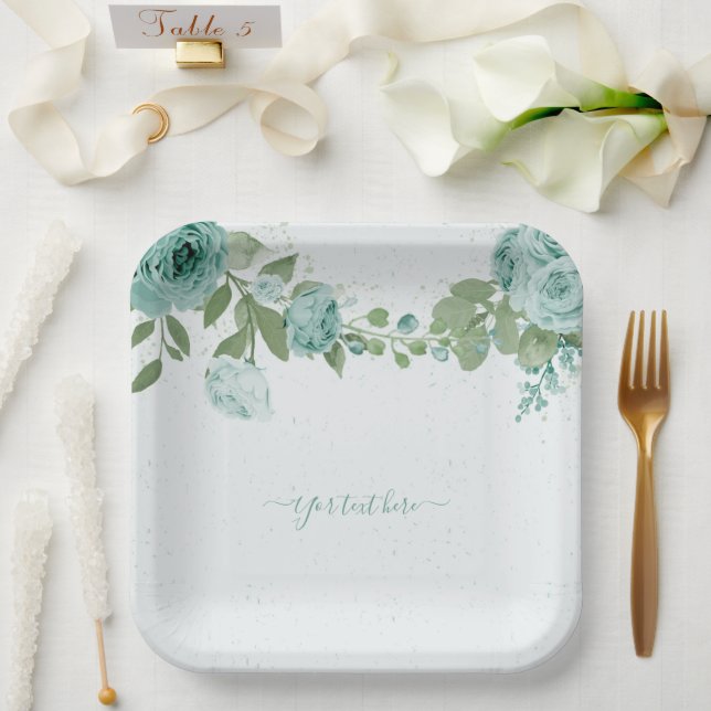 Plato De Papel flores azules románticas hojas de papel verde (Boda)