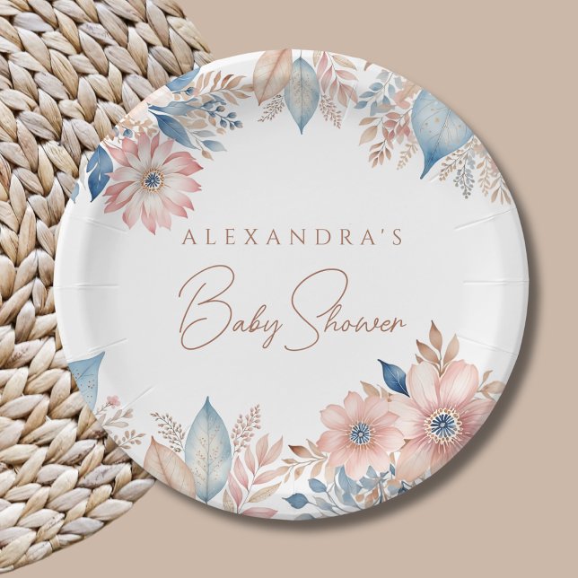 Plato De Papel Flores azules rosas Boho Moda Baby Shower (Subido por el creador)