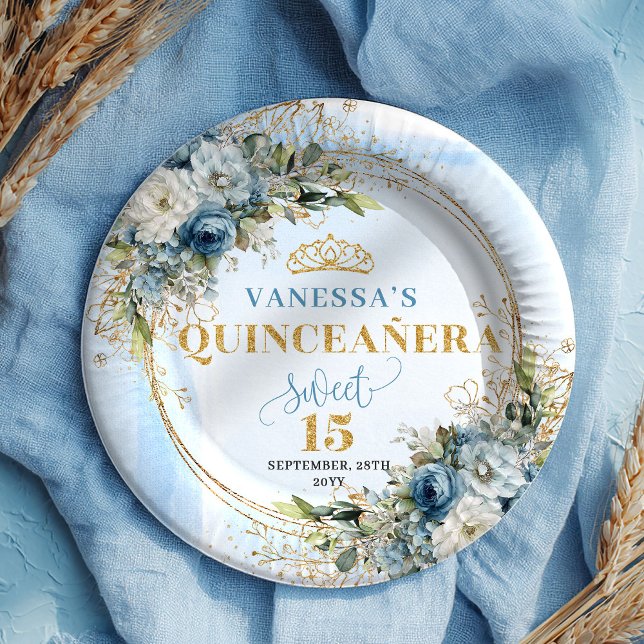 Plato De Papel Flores Azules Verdor Oro Quince Personalizado  (Blue Flowers Greenery Gold Personalized Quince Plates)