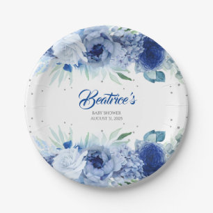 Plato De Papel Flores azules y Baby Shower de Confetti plateado