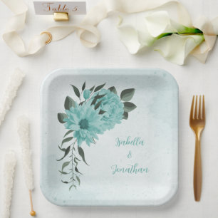 Plato De Papel flores azules y hojas verdes románticas